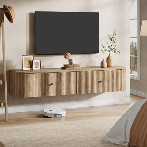 Tribesigns Mobile TV sospeso da parete, console TV da 140 cm con 2 cassetti scanalati, moderna tavola multimediale sospesa per soggiorno, camera da letto, rovere