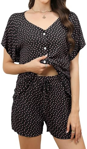 Reliwel Pyjama Femme Ete Short à Manches Courtes Ensemble de Pyjama Coton Court avec col en V Haut à Manche Courte avec Boutons Vêtements de Nuit Pyjamas Short Confortable 2 Pièces avec Poches