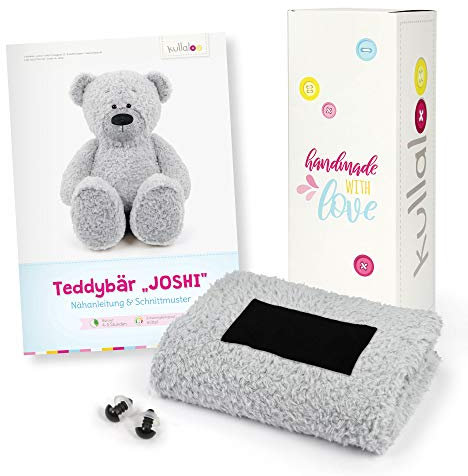 kullaloo Stoffset/Geschenkset zum Teddy nähen - mit Nähanleitung als gedruckte Broschüre, Teddyplüsch und Sicherheitsaugen, verpackt in Einer bezaubernden Einhorn-Geschenkbox (grau)