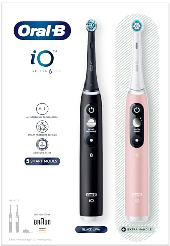 Oral-B iO6 2x Electric Toothbrushes For Adults, 2 Handles, 2 Toothbrush Heads, 5 Modes with Teeth Whitening, 2 Pin Plug, Black Lava and Pink Sand