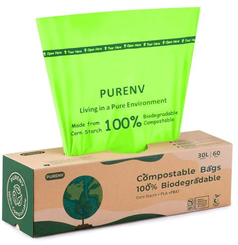 PURENV 60 Sacchi Della Spazzatura Biodegradabile, 30L Sacchi per Rifiuti Alimentari da Cucina, Sacchi Fatto da ​Amido di Mais 6L/10L/20L/30L Resistente e Prova di Perdite, con Certificazione EN13432