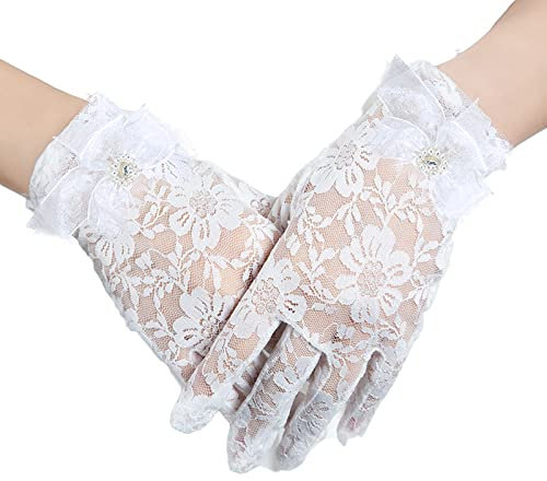AWOCAN Damen Spitze Elegante Kurze Handschuhe Courtesy Sommer Handschuhe für Hochzeit Party und Tee Party 1920er Jahre Vintage Kostüme, weiß, One size