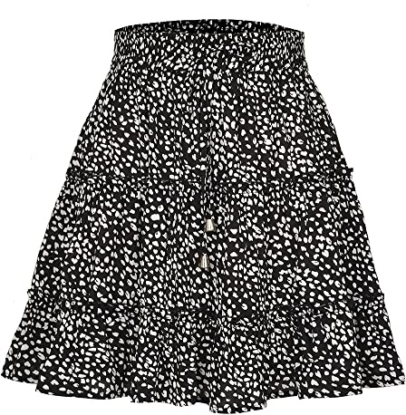 LAEMILIA Womens Elastic Waist Flared Short Skirt Floral Print Pleated Mini Skater Skirt with Drawstring (Black, XXL)