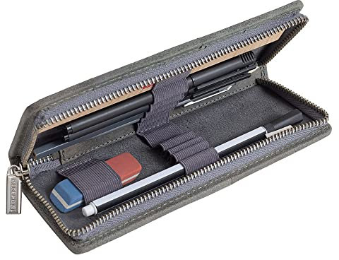 Exklusives Federmäppchen Stifte-Etui, Größe M, aus Büffel-Leder, Grau, Jahn-Tasche 012