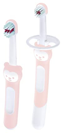 MAM Juego de cepillo de dientes para bebé con mango largo para sostener juntos, cepillo de dientes infantil entrena el cepillado de los dientes, a partir de 5 meses, rosa