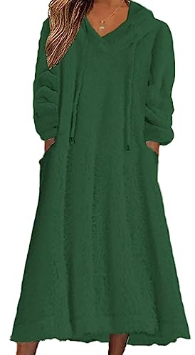 shownicer Abito Felpato in Pile Donna Vestito Elegante Lungo Felpa con Cappuccio Manica Lunga Tinta Unita Abito Super Spessore Caldo Hoodie con Tasche A Verde XXL