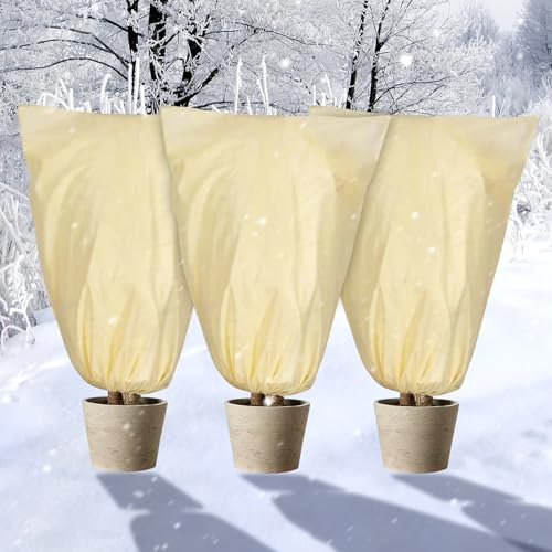 3 Stück Pflanzenschutz Winter,Winterschutz für Kübelpflanzen,80*120cm Winterschutz für Pflanzen mit Kordelzug,80 g/m² Wiederverwendbar Frostschutz Pflanzen,Pflanzen Winterschutz für Palmen,Olivenbaum