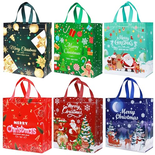 6PCS Large Reusable Waterproof Xmas Tote Bags for Gifts, Wrapping, Shopping, Party Holiday Decoration Supplies
