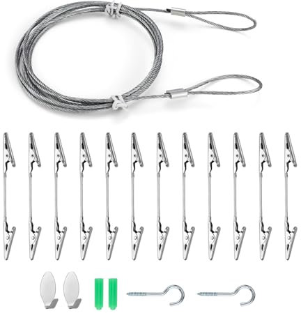 DIYCUT12 Pezzi Filo per Appendere Foto, Clip a Coccodrillo Morsetto a Doppia Estremità, Corda per Foto Cavo Acciaio 1,5 m X 1,8 mm, con Viti e Ganci, per Appendere Cartoline Fotografiche