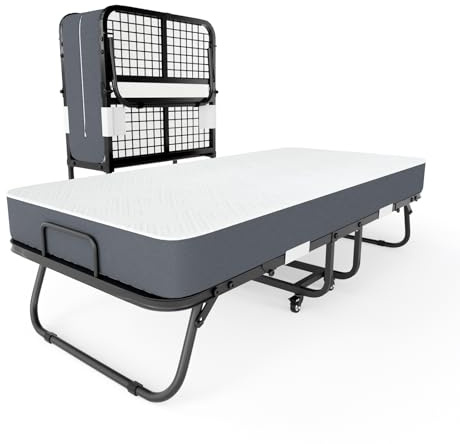 Gunuss Folding Bed with 13cm Luxurious Memory Foam Mattress, Heavy Duty Foldable Guest Bed for Adults, Reinforced Metal Frame with Wheels, Space-Saving Portable Bed for Home & Office