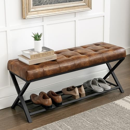 LUE BONA 113cm Schuhbank mit Sitzfläche,Schuhschrank mit Sitzbank und Leder Gepolstertem,Sitzbank Flur mit Metallrahmen für Eingangsbereich,Wohnzimmer,Flur,113 x 38 x 46 cm,Gelblich Braun