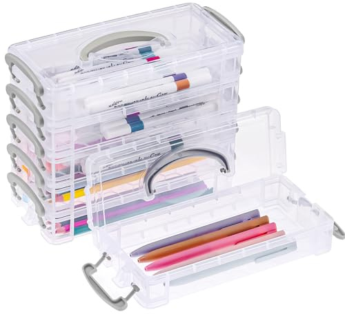 JIANTA Caja de Plastico para Lapices, Caja de Lápices Apilable 6 Compartimentos más 2 Tapas con Asas para Papelería, Organizador de Almacenamiento para Pinceles, Bolígrafos, Lápices(gris)
