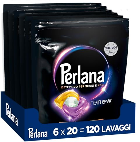 Perlana Detersivo Caps per Scuri e Neri (6 confezioni da 20 Caps), Detersivo lavatrice in capsule per tutti i capi scuri, Detersivo capi neri per pulizia delicata e fibre rinnovate