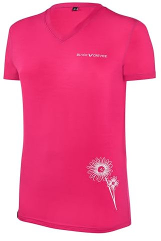 Black Crevice Damen Merino T-Shirt Pink I Größe 38 I T-Shirt mit V-Halsausschnitt I 38% Merino Wolle, 57% Tencel™ Lyocell, 5% Elastane I Atmungsaktiv & Feuchtigkeitsregulierend