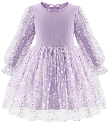 Arshiner Niñas Vestidos Tul Vestido de Manga Larga Niños Elegante Mangas Farol A-Line Vestido de Fiesta Casual Festiva Moda Otoño Invierno Vestido para Niñas 5-6 Años Violeta Claro