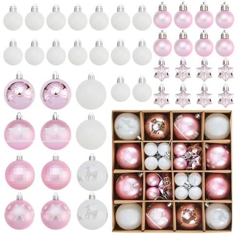 Weiß und Rose Weihnachtskugeln Kunststoff Set, 44 Stück Weihnachtsbaumschmuck Christbaumkugeln Deko Weihnachten Weihnachtsbaumkugeln Plastik Weihnachtsschmuck
