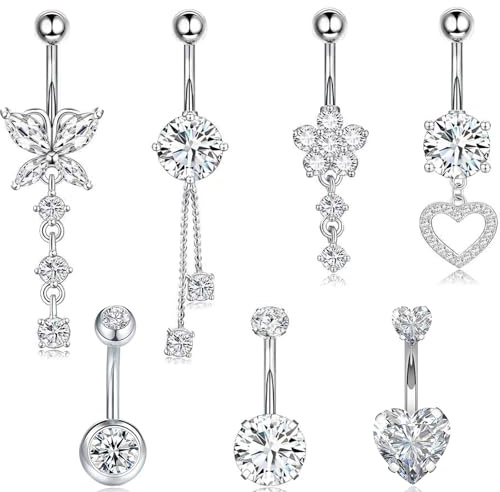 EOAMGO Surgical Stainless Steel Belly Button Rings Long Short 16g Set of 6, Stainless Steel