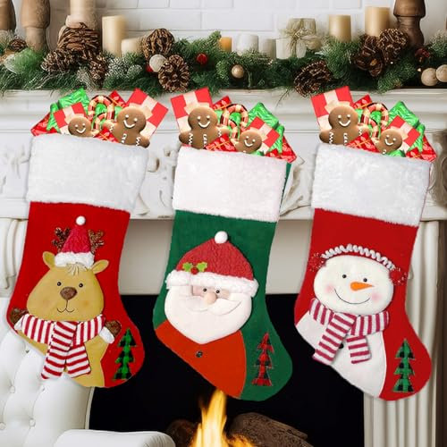 Calza Befana Vuota Grande, Shyllin 45CM Calze Natalizie da Appendere, Set di 3 Calze Natale da Appendere, per Albero di Natale, Calzini Regalo, Decorazioni Natalizie, Camino, Muro, Scale(Rosso)