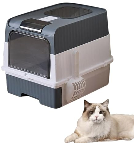 Caja de arena para gatos con cuchara, caja de arena de entrada superior, caja de arena plegable grande con tapa, caja de entrada frontal con salida superior, control de olores, fácil de limpiar (gris)