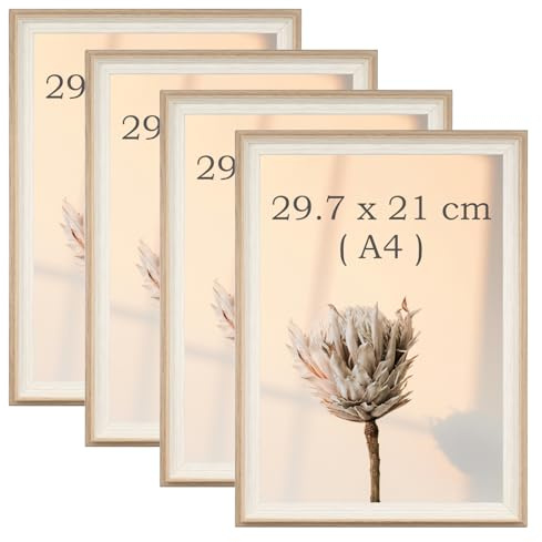 YoHyien 4 Pcs A4 Photo Frames, Desktop Free Standing Picture Frames 21x30 cm, Landscape and Portrait Photo Frame with Mount for Wall (Wood Grain, 30 x 21 cm)
