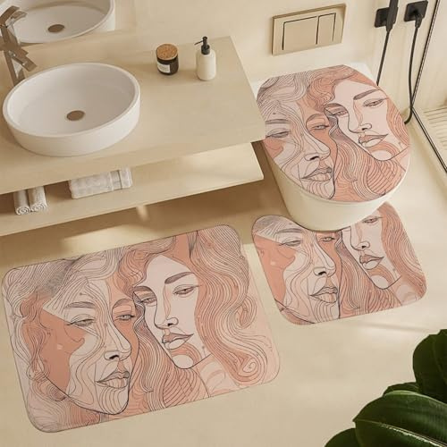 Bathroom Mat Sets 3 Piece Simple Facial Line Drawing U Shape Wc Toilet Rug Decorations Absorbent Floor Mats, For Outdoor, Bedroom, Floor Tub