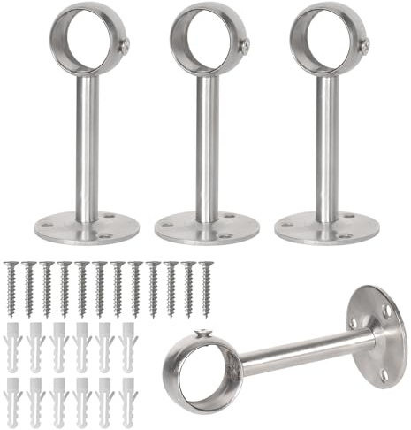 4 Pezzi Supporti per Aste per Tende,26mm, Staffe per Tende Armadio, Bastone per Tende Inox Supporto, con 12 Viti e 12 Tubi di Espansione, per Armadio Armadio, Asta per Vestiti, Bagno (Argento)