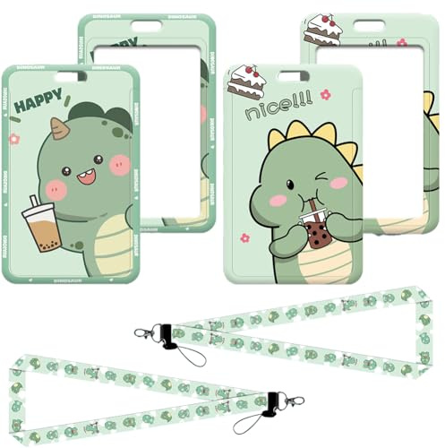 2 piezas dinosaurio titular de tarjetas de identificación con cinta, funda para tarjetas de autobús para estudiantes, cinta para llaves de dinosaurio, funda para tarjetas con cinta