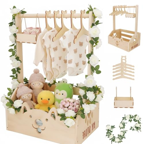 Gueiddi Cesto regalo in legno, baby shower in legno con maniglia, grucce per bambini, ghirlanda e piccolo cassetto per neonati baby shower nuovi genitori (scatola di legno di rose bianche)