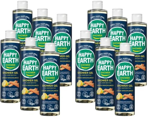 Happy Earth Gel de Ducha - Para Hombres y Mujeres - Gel de Ducha - 100% Ingredientes Naturales & Veganos - Sándalo de Limón - 300 ML (Paquete de 2)