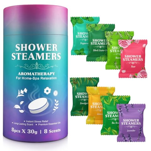 Shower Steamers Aromatherapy 8 Pack – 8 Scents Natural Essential Oil Shower Bombs for Home Spa, Stress Relief & Relaxation, Sinus Congestion Ease, Self Care Gifts for Women Men