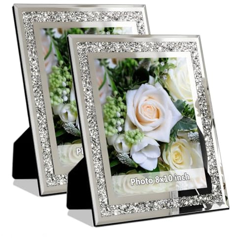 Crushed Diamond Wedding Mirror Photo Frame, Crystal Silver Glass Picture Frame For Photograph Size 8x10 inch, Pack of 2 Pieces, table top Stand frame & Wall Frame. Bling Sparkle Crushed Diamond Home