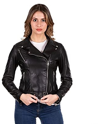 Pelletterie Borghese | Chiodo in Pelle Nero Donna | Biker | Giacca in Pelle | Giubbotto Moto | Cintura | Vera Pelle | Made in Italy | A196C 09 (Nero, 46)