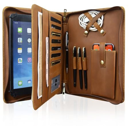Calfinder Konferenzmappee aus Hochwertige Buffulo-Leder, Schreibmappe, A4 Leder-Portfolio mit Reißverschluss Laptoptasche, Business Dokumentenmappe mit Kartenhalter, Bürobedarf, Schreibwaren, braun