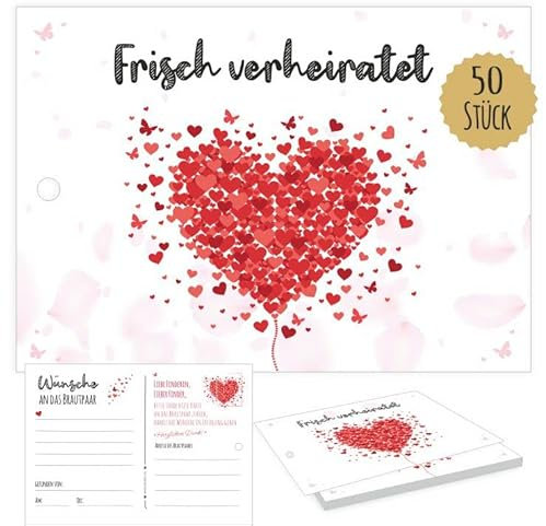 Printino® Ballonkarten Hochzeit - 50 Stück – gelocht, nur 2,5g leicht für langen Flug, Postkarten Format, für Helium-Luftballons, Herz Motiv