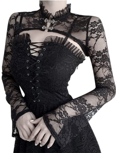 Lace Bolero Shrug Long Sleeve Black Goth Cropped Cardigan Top Gothic Punk Evening Wedding Shawl For Bride