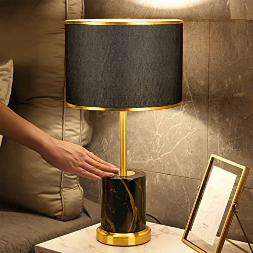 Lampe à Poser Moderne en Métal avec Abat-Jour en Tissu - Lampe de Table pour Salon, Salle à Manger, Bureau, Chambre - Style Nordique E27 avec Interrupteur à Cordon - Doré (Noir)