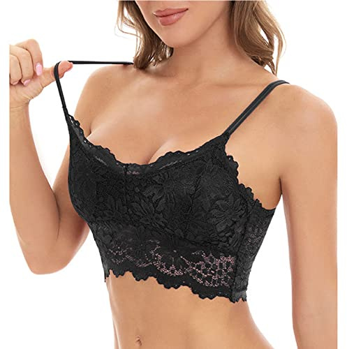 HAOLEI Women Lace Bralette Camisole Bras V Neck Padded Bralette Seamless Bandeau Sleeping Bra Tube Crop Vest Top Sexy Backless Corset with Straps and Removable Pads for Ladies Girls Black