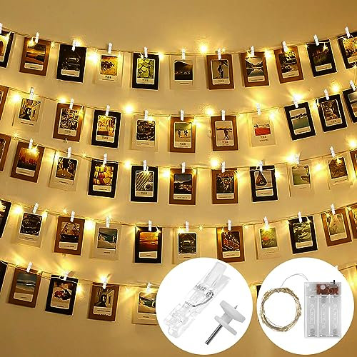 Sweetone Colgar Fotos de Luces, 5M 50 Led Clip Cadena de Luces con 30 Pinzas para Fotos Fotoclips Guirnalda Luces Pilas, Cadena de Luces para Decoración Habitacion, Bodas, Cumpleaños, Navidad