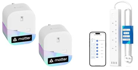Meross Matter Smart Plug Mini with Energy Monitoring, Works with Apple HomeKit, Alexa, Google Home & Smart Power Strip, Smart Extension Lead with 20W USB Ports, Compatible with Apple HomeKit