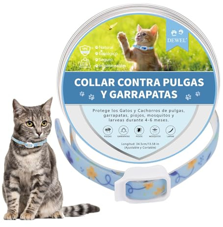 DEWEL Collar Antiparasitario para Perros Pequeños Medianos y Gatos, Collar contra Pulgas y Garrapatas 6-8 Meses, Diseño Nuevo y Unico, Más Bonito y Suave, Azul, Longitud Ajustable de 34.5 cm