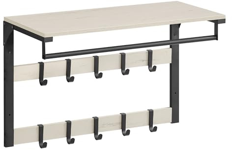 VASAGLE Appendiabiti da Parete, Mensola da Muro con 10 Ganci Rimovibili a 2 File, Barra Attaccapanni, per Ingresso Camera da Letto Bagno, Bianco Vintage e Nero LCR101W03