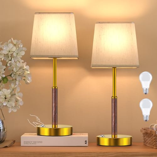 Guijiyi Nachttischlampe Touch Dimmbar 2er Set, Tischlampe Kabellos mit 2 LED Birnen, Leinen-Lampenschirm, Tragbare USB Aufladbar Tischleuchte für Deko Schlafzimmer, Wohnzimmer, Nachttisch, Babyzimmer