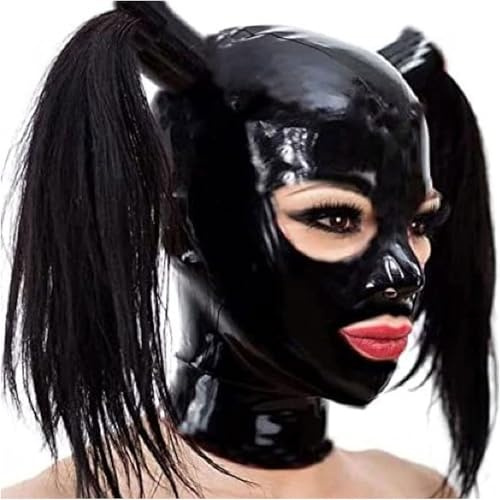 MXRYSQY Costume da Club per Feste Cosplay con Cerniera Cappuccio in Lattice Bocca Esposta Maschera Facciale in Lattice Nero(Size:L-68CM)