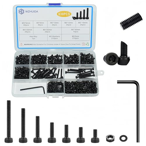 WZHUIDA Juego de 630 tornillos M3, negro métrico, tornillos de cabeza cilíndrica, hexágono interior, tuercas y arandelas, surtido de tornillos hexagonales para máquinas roscadas