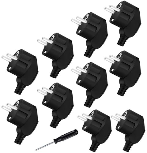 10 Pièces Mâle Fiche Schuko, 250V 16A Fiche Coudée, Fiche D'alimentation de Contact de Protection avec Anti-torsion, Prise Electrique Européenne avec Tournevis pour Câble 8-10 mm, IP20