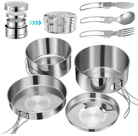 Set di pentole da campeggio (5 + 3) per 2 – 3 persone, portatile da campeggio (900 ml + 600 ml), pieghevole e impilabile, set di pentole in acciaio inox, per fornelli a gas e fornelli da campeggio