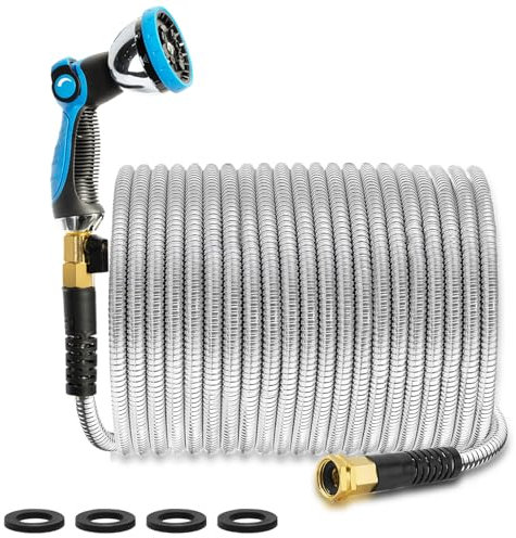 50FT Garden Hose -Metal Water Hoses with Nozzle &10 Function Sprayer,Flexible, Heavy Duty,No Kink& Tangle, Lightweight, 304 Stainless Steel Watering Car Washing hoses Pipe for Outdoor