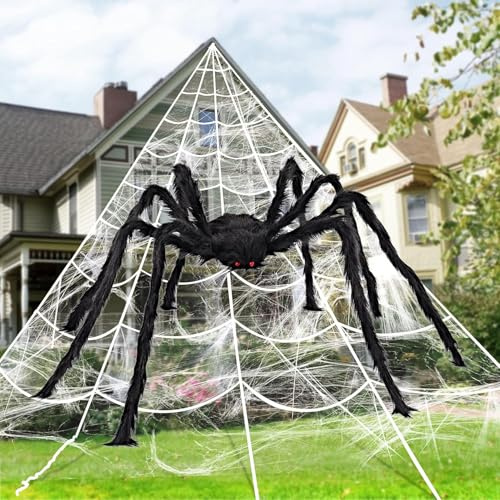 JOYIN Décoration d'Halloween Extérieure : Araignée Géante de 150 cm avec Toile d'Araignée de 37 m² et Filet Triangulaire de 6,0 x 5,5 m pour Décoration Extérieure et Intérieure
