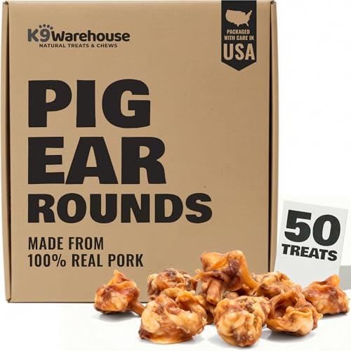 K9warehouse Premium Natural Pig Ears Rounds Packed in USA - 50 Count Pig Ears for Dogs Large - Tasty Pigs Ear Dog Treats - Bulk Pig Ears for Large/Small Dogs - Ideal Dog Pigs Ears Made for Training