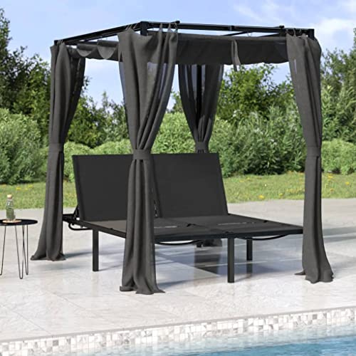 Hoopleep Double Sun Lounger with Curtains, Adjustable Backrest, Powder Coated Steel Frame, Charcoal Colour, Outdoor Patio, Garden and Pool